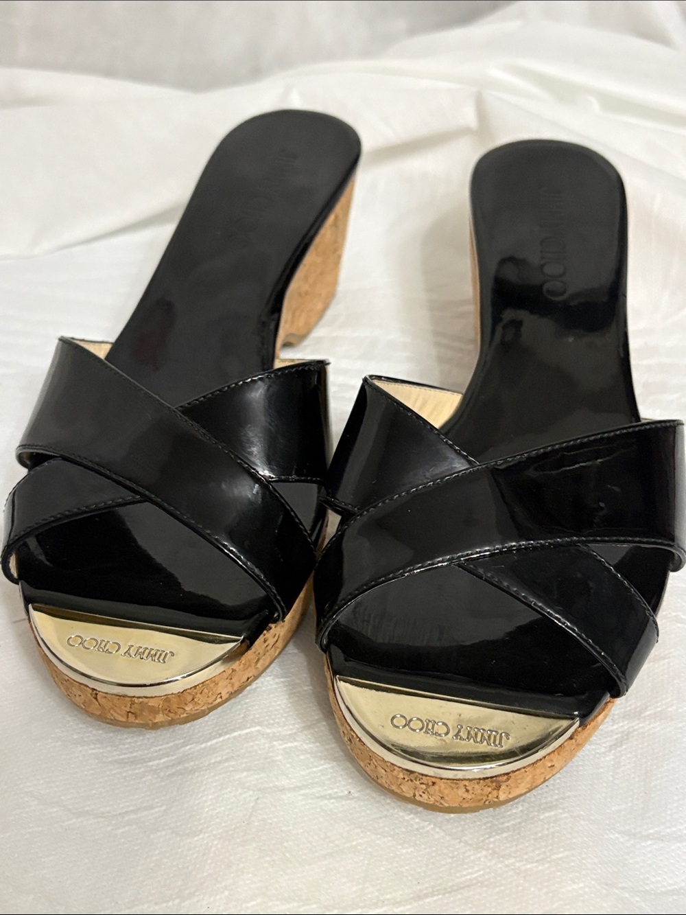 Jimmy Choo Patent Leather Cork Wedge Sandals size US 7 1/2